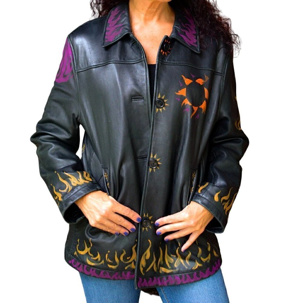 Vintage black leather jacket, tangerine sun, fuchsia, hand painted, unique